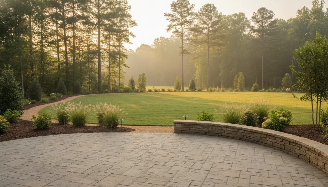 Stone paver patio and curved retaining wall with new sod and planting beds at golden hour