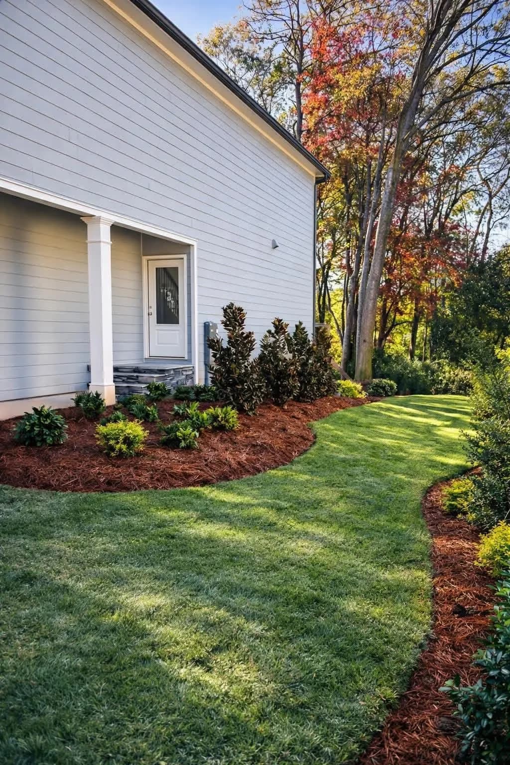 Curved mulched planting bed with shrubs and a fresh sod edge along a gray house, installed by Lineage Development Group