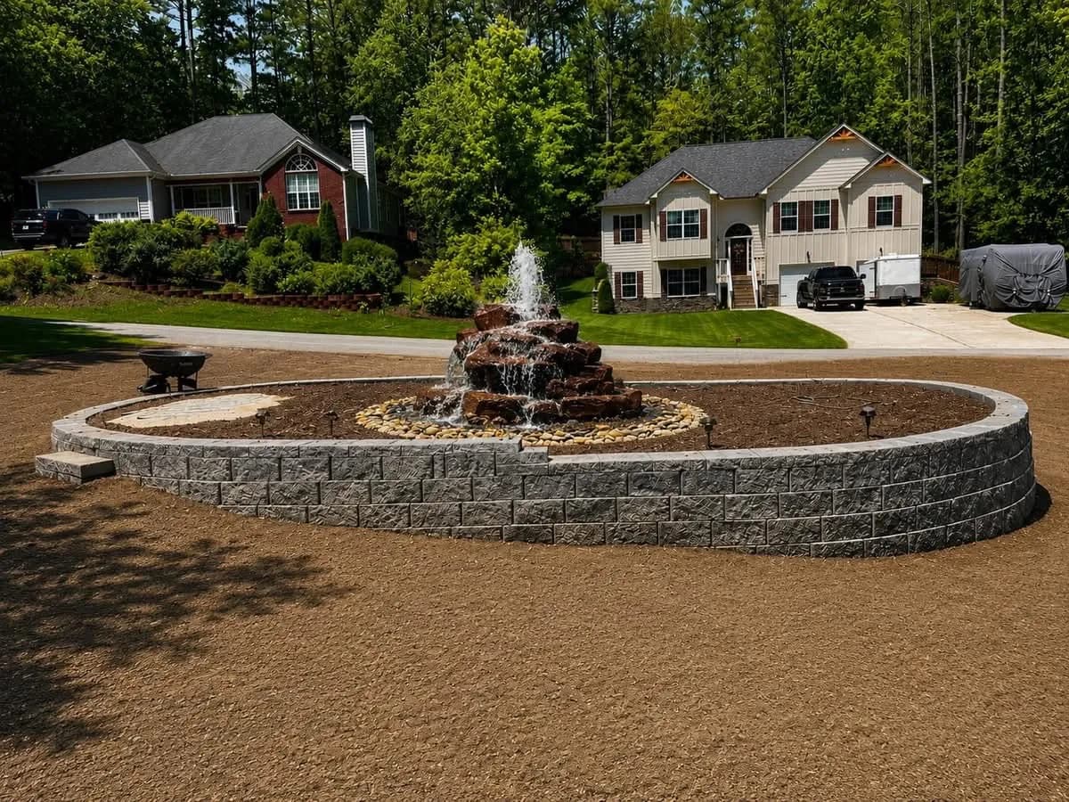 Curved block retaining wall island with a stone fountain in a driveway circle